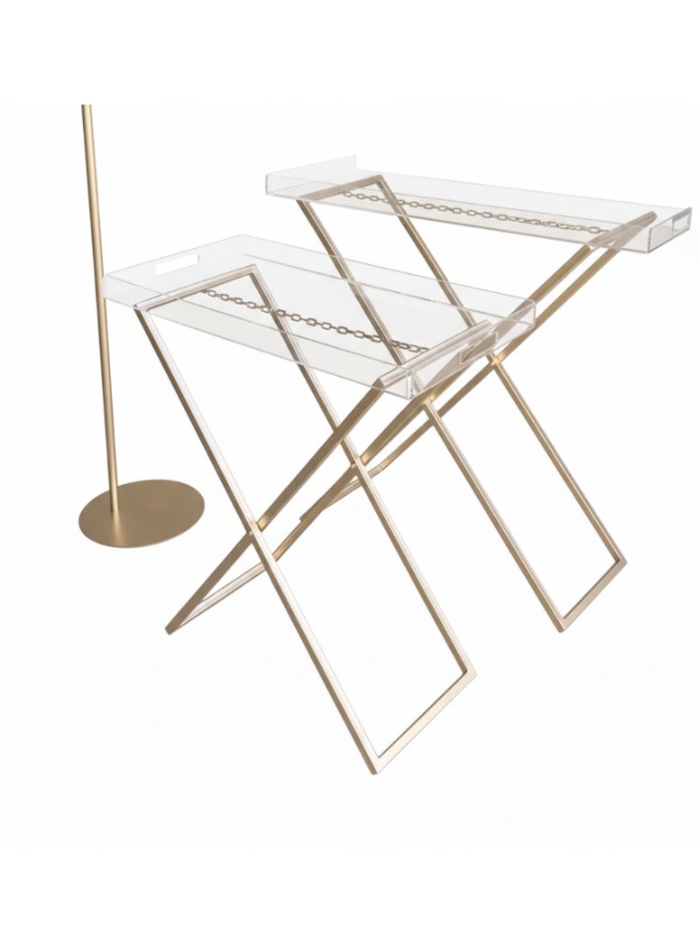 متجر نايس طقم طاولات تقديم مودرن قطعتين - قوائم ذهبية متقاطعة مع صينية أكريليك شفافة - Image 1